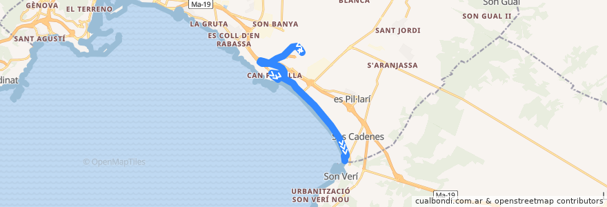 Mapa del recorrido Bus 21: Aeroport → S'Arenal de la línea  en Ilhas Baleares.