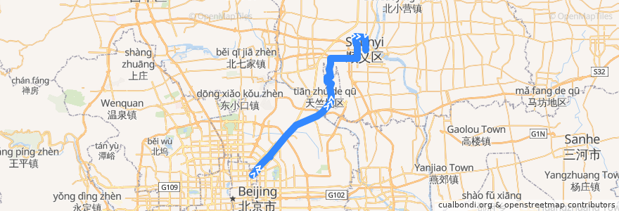 Mapa del recorrido Bus 915快: 东直门外 => 顺义南彩汽车站 de la línea  en 베이징시.