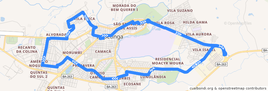 Mapa del recorrido Circular (via Ponte) Sentido Vila Érika -> Americo Nogueira de la línea  en Itapetinga.