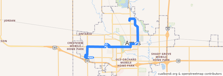 Mapa del recorrido #1 East de la línea  en Ames.