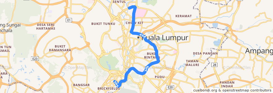 Mapa del recorrido KL Monorail (KL Sentral --> Titiwangsa) de la línea  en کوالا لامپور.