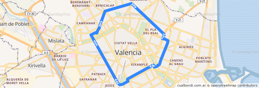 Mapa del recorrido Bus 90: Circular Ronda Trànsits de la línea  en Comarca de València.