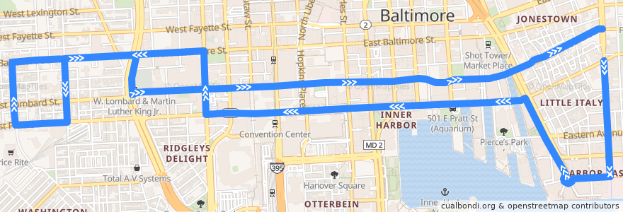 Mapa del recorrido Charm City Circulator Orange Route de la línea  en Baltimore.
