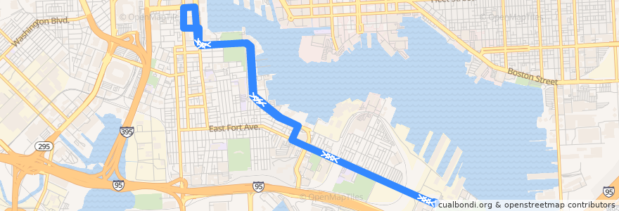 Mapa del recorrido Charm City Circulator Banner Route de la línea  en Baltimore.