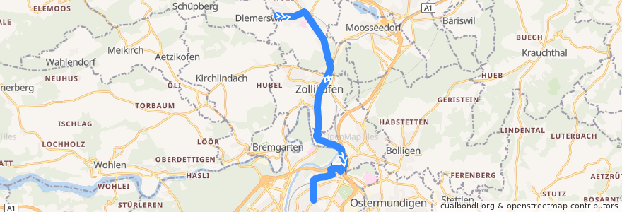 Mapa del recorrido Bus 36: Münchenbuchsee, Hüslimoos => Bern, Breitenrain de la línea  en Verwaltungskreis Bern-Mittelland.