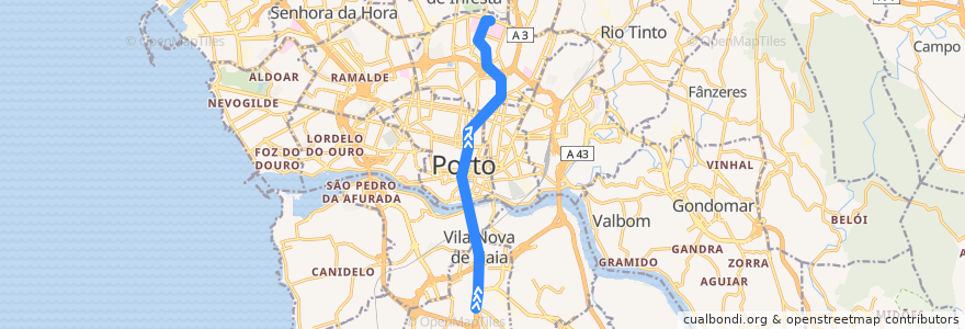 Mapa del recorrido Linha D: Santo Ovídio => Hospital de São João de la línea  en Porto.