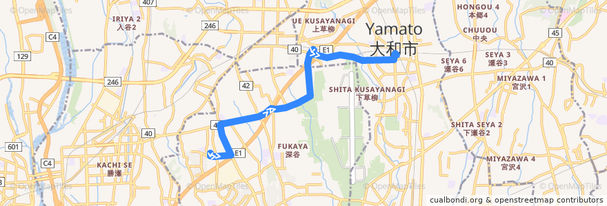 Mapa del recorrido 綾72 de la línea  en Wilayah Kanagawa.