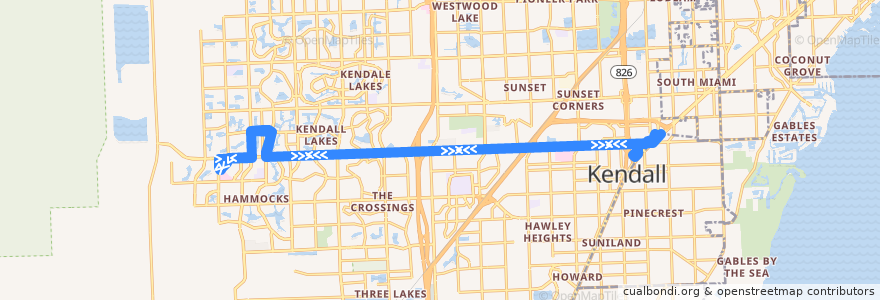 Mapa del recorrido MDT route 88 de la línea  en Miami-Dade County.