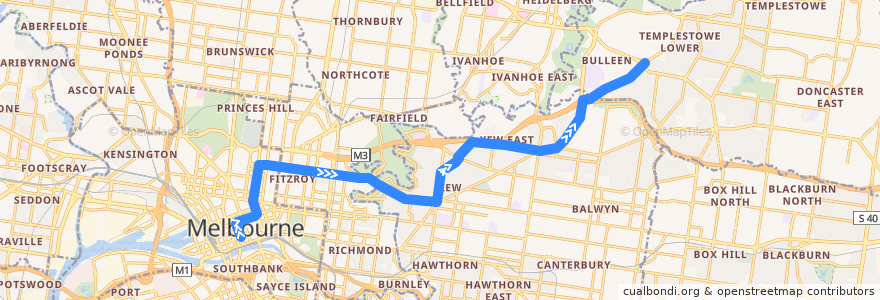 Mapa del recorrido Bus 200: City (Queen Street) => Kew Junction => Bulleen de la línea  en Melbourne.