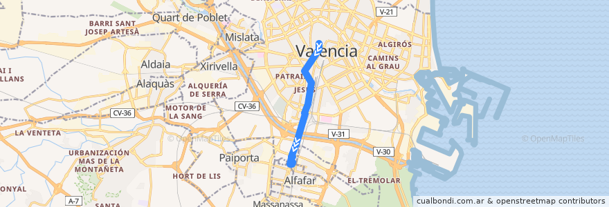 Mapa del recorrido Bus 27: Mercat Central => la Torre de la línea  en Comarca de València.