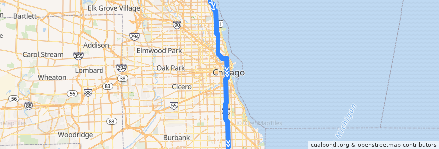 Mapa del recorrido Red Line to 95th/Dan Ryan de la línea  en شيكاغو.