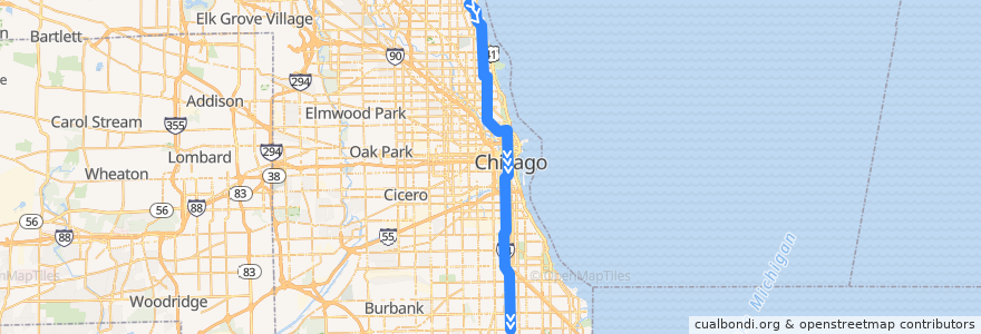 Mapa del recorrido Red Line to 95th/Dan Ryan de la línea  en Chicago.