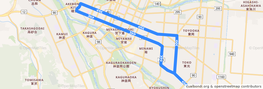 Mapa del recorrido [2]東光・曙線（内回り） de la línea  en 旭川市.