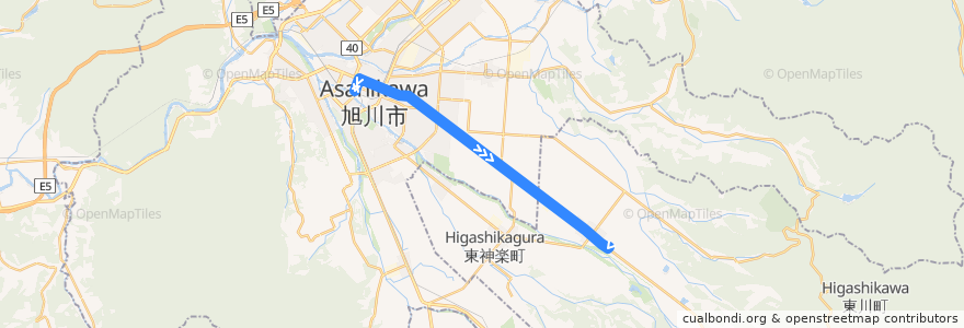 Mapa del recorrido [60]東川線 (Higashikawa Line) de la línea  en 上川総合振興局.