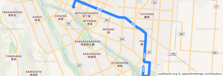 Mapa del recorrido [19]東光16条5丁目線 de la línea  en Asahikawa.