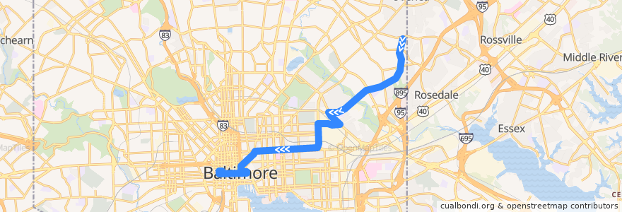 Mapa del recorrido Express BusLink 105: Downtown de la línea  en Baltimore.