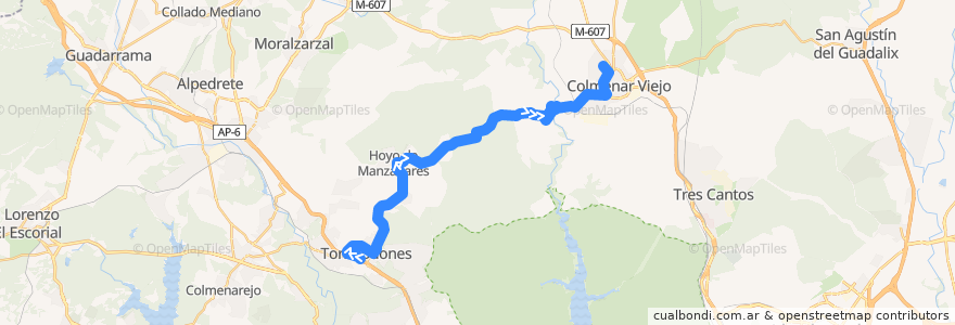 Mapa del recorrido Bus 610: Torrelodones → Hoyo de Manzanares → Colmenar Viejo de la línea  en بخش خودمختار مادرید.