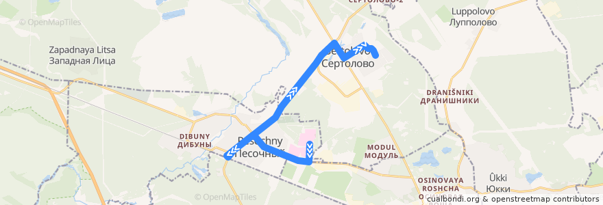 Mapa del recorrido Автобус № 671: ж/д станция Песочная => Сертолово, Центральная улица de la línea  en Ленинградская область.