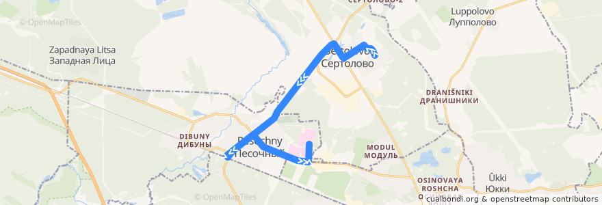 Mapa del recorrido Автобус № 671: Сертолово, Центральная улица => ж/д станция Песочная de la línea  en Ленинградская область.