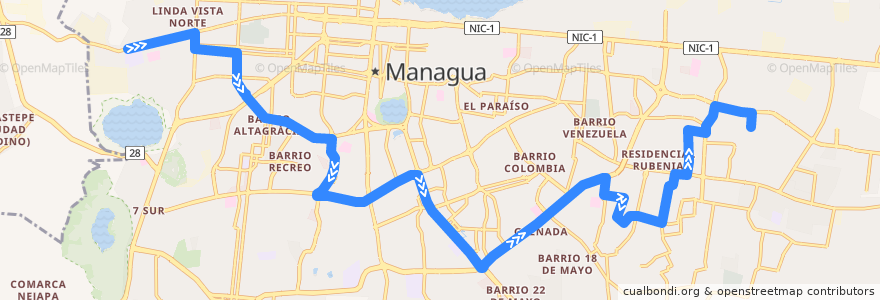 Mapa del recorrido Ruta 119: Cuesta El Plomo -> Villa Fraternidad de la línea  en Managua.