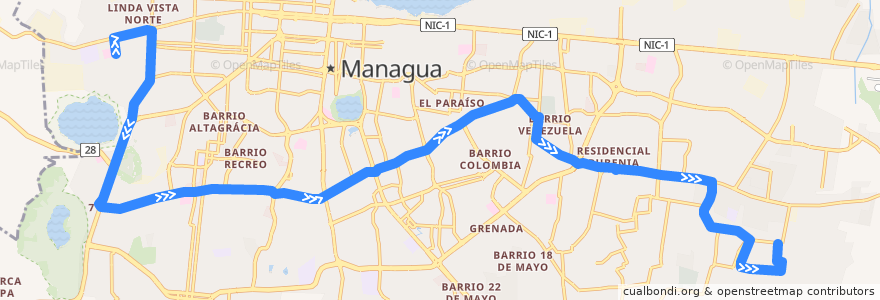 Mapa del recorrido Ruta 103: Hospital Lenín Fonseca -> Laureles Sur de la línea  en Managua.