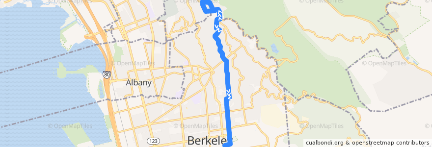 Mapa del recorrido AC Transit 67: Spruce Street & Grizzly Peak Boulevard => Downtown Berkeley (weekdays) de la línea  en Californië.
