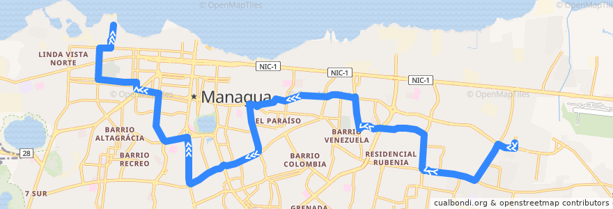 Mapa del recorrido Ruta 102: Mercado Mayoreo -> Acahualinca de la línea  en Managua.