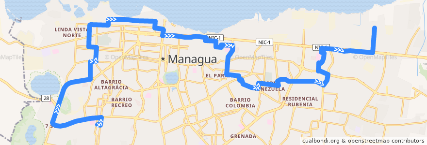 Mapa del recorrido Ruta 6: Colonia Independencia -> Barrio Camilo Chamorro de la línea  en Managua.