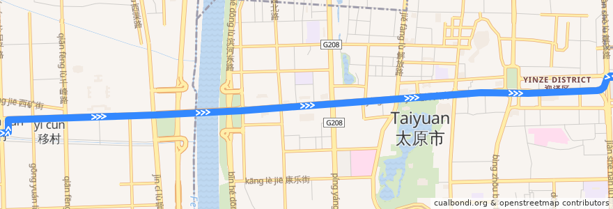 Mapa del recorrido 1路：下元 -> 火车站 de la línea  en 太原市.