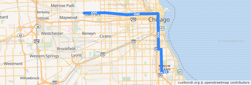 Mapa del recorrido Green Line: Cottage Grove to Harlem de la línea  en شیکاگو.