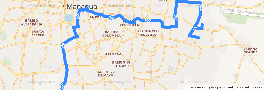 Mapa del recorrido Ruta 111: Colonia Miguel Bonilla -> Laureles Norte de la línea  en Managua.