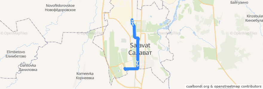 Mapa del recorrido Трамвай №1: Управление ОАО "Газпромнефтехимсалават" - ОАО "Салаватстекло" de la línea  en городской округ Салават.