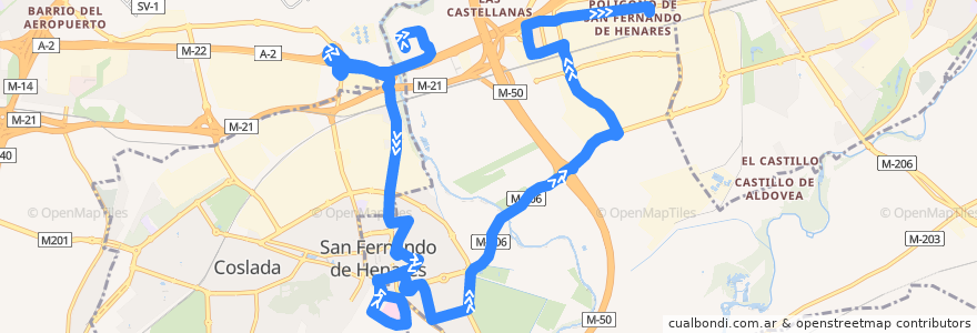 Mapa del recorrido L1 C.C. San Fernando → Polígono Industrial de la línea  en San Fernando de Henares.