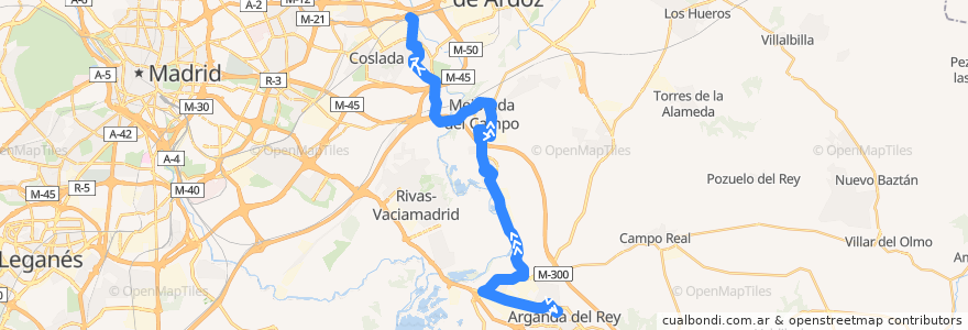 Mapa del recorrido Bus 285: Coslada (Renfe San Fernando) - Arganda del Rey de la línea  en Comunidad de Madrid.