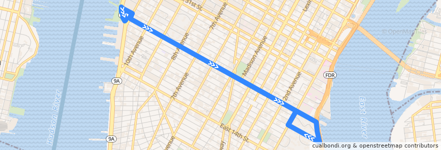 Mapa del recorrido NYCB - M23 de la línea  en Manhattan.