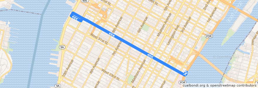 Mapa del recorrido NYCB - M34 de la línea  en Manhattan.
