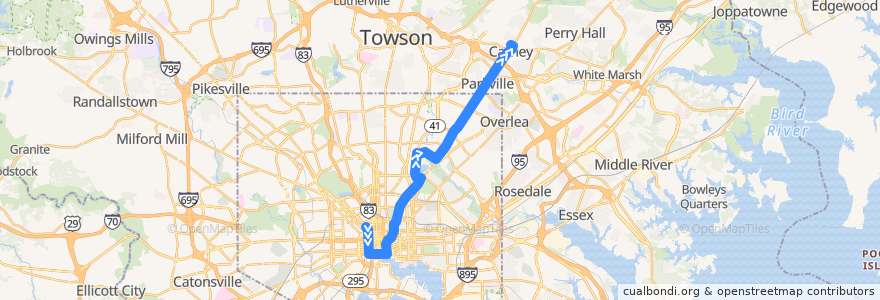 Mapa del recorrido LocalLink 54: Carney de la línea  en Baltimore.