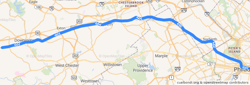 Mapa del recorrido SEPTA Paoli/Thorndale Line: Center City => Thorndale de la línea  en 펜실베이니아.
