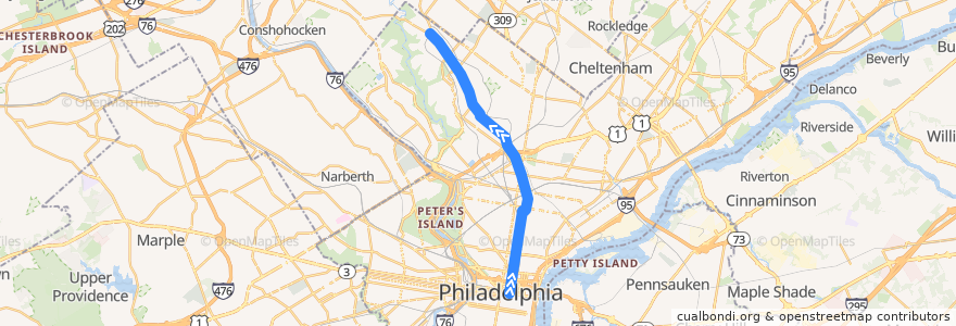 Mapa del recorrido SEPTA 23 (Center City to Chestnut Hill) de la línea  en Philadelphia County.