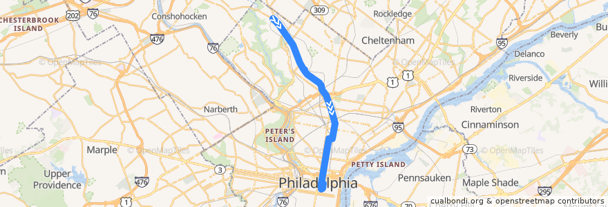 Mapa del recorrido SEPTA 23 (Chestnut Hill to Center City) de la línea  en Philadelphia County.