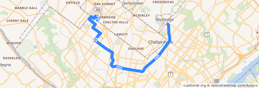 Mapa del recorrido SEPTA 18 Express (Cedarbrook Plaza to Fox Chase) de la línea  en Philadelphia County.