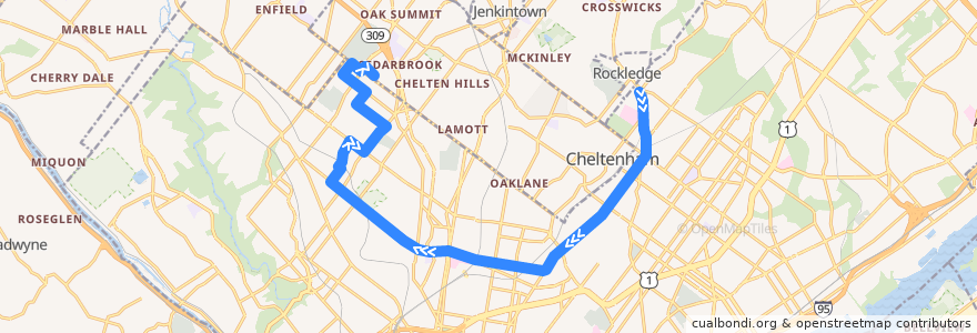 Mapa del recorrido SEPTA 18 (Fox Chase to Cedarbrook Plaza) de la línea  en Philadelphia County.