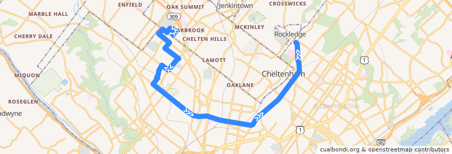Mapa del recorrido SEPTA 18 (Cedarbrook Plaza to Fox Chase) de la línea  en Philadelphia County.