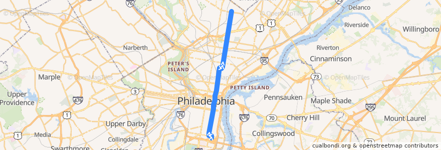 Mapa del recorrido SEPTA 47 (Whitman Plaza to 5th-Godfrey) de la línea  en Philadelphia County.