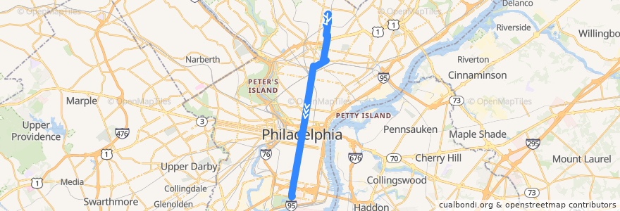 Mapa del recorrido SEPTA 4 (Fern Rock Transportation Center to Broad-Pattison) de la línea  en Philadelphia County.