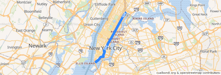 Mapa del recorrido Bus M15: East Harlem → South Ferry de la línea  en Manhattan.