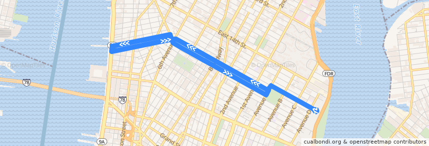 Mapa del recorrido NYCB - M8 de la línea  en Manhattan.