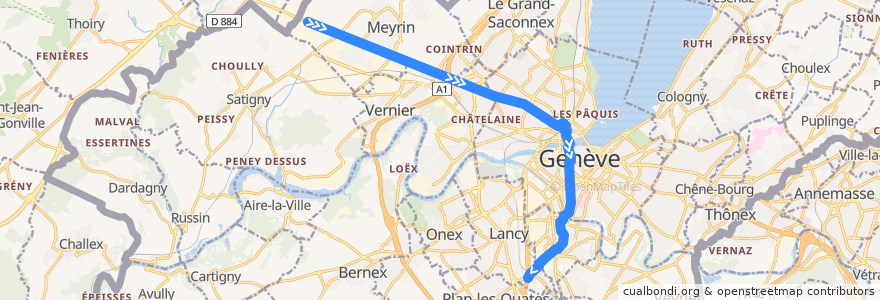 Mapa del recorrido Tram 18: CERN → Lancy-Bachet-Gare de la línea  en Genebra.