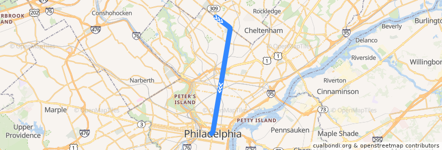 Mapa del recorrido SEPTA 16 (Cheltenham-Ogontz to City Hall) de la línea  en Philadelphia County.