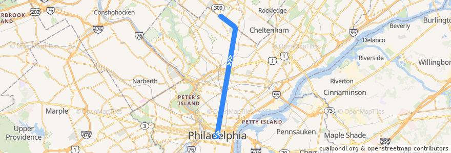 Mapa del recorrido SEPTA 16 (City Hall to Cheltenham-Ogontz) de la línea  en Philadelphia County.